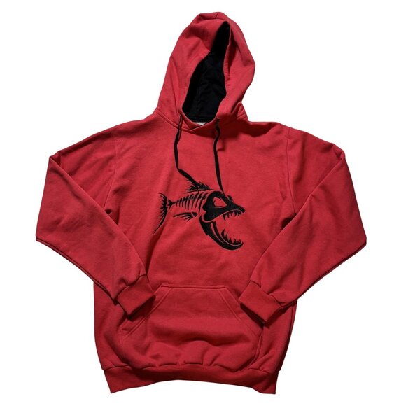 Red Fish-On Mens XL Hoodie With Embroidered Black Fish Skeleton Design - Picture 1 of 6